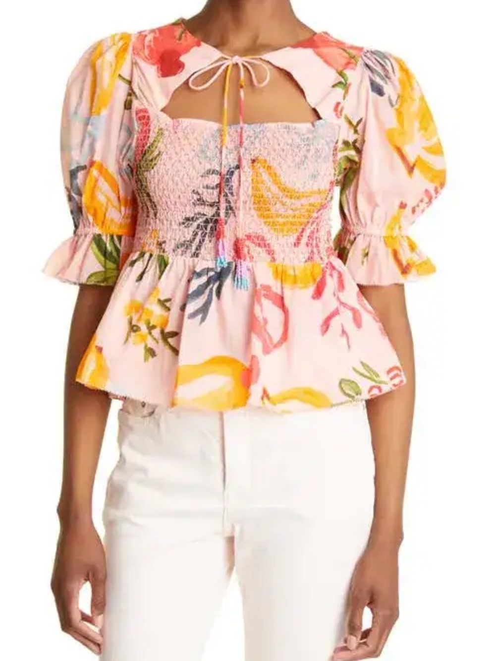 Farm Rio Mixed Fruit Smocked Bodice Top, Pink/Multi-color, XS, Boho Vacay Bold
